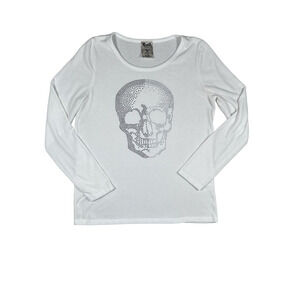 Vocal Skull Embellished Long Sleeve Shirt Womens Medium White Punk Boho Bling